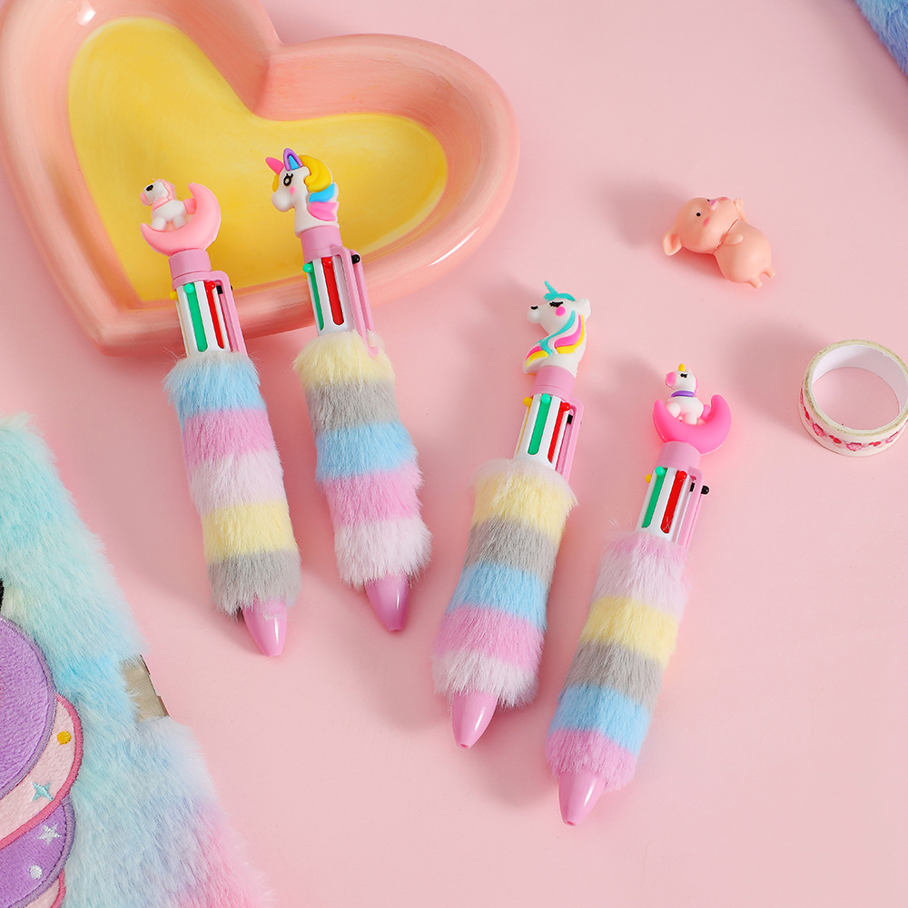 Girl Cartoon Unicorn Plush Ballpoint Pen Children Cute Six-Color Press Stationery Journal Pen