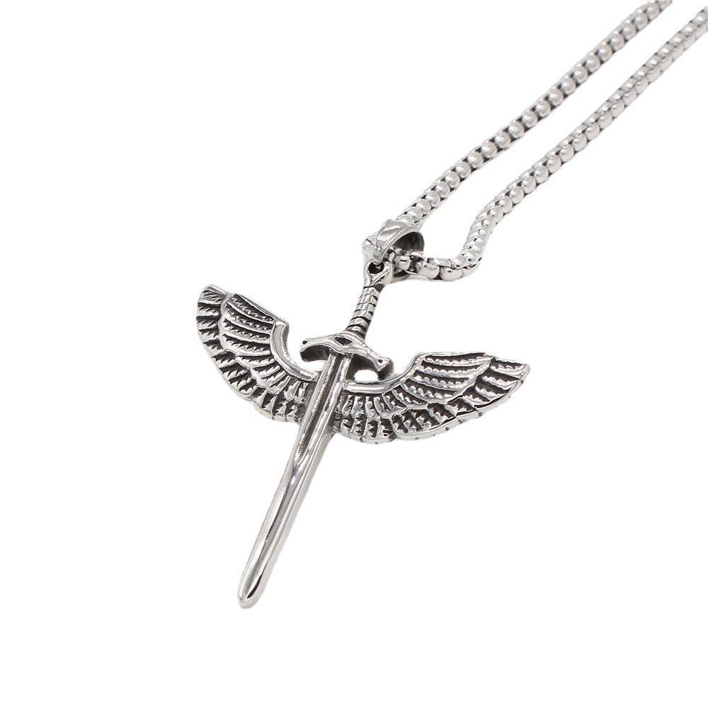 p0836 外贸饰品批发 个性十字架天使翅膀复古男士钛钢吊坠项链