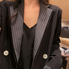 西装外套女公子春季韩版条纹拼接假两件小众设计感双排扣上衣