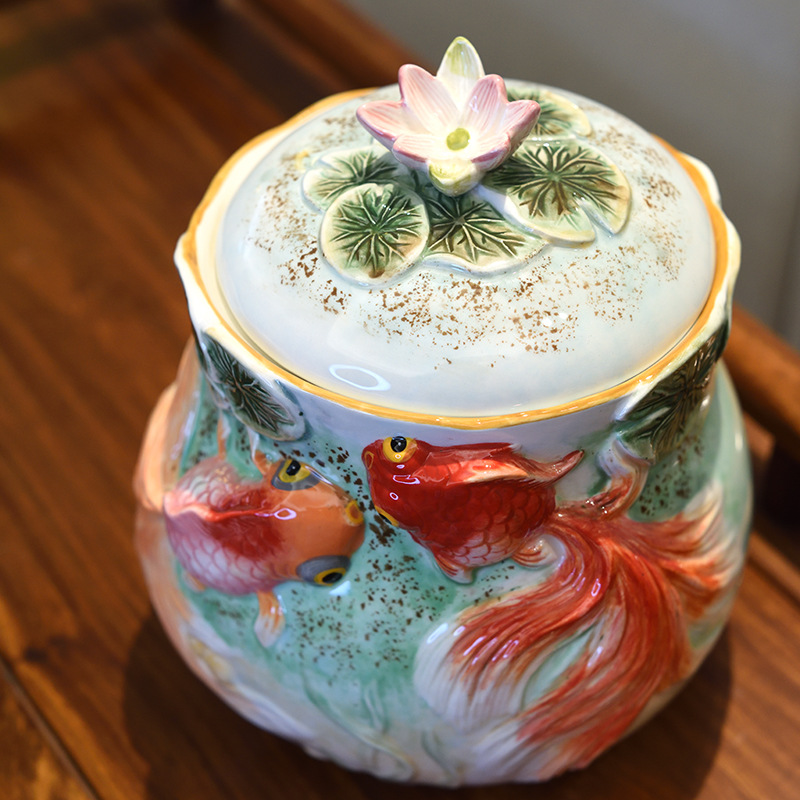 Ceramic Goldfish Storage Jar Candy Box Storage Sucrier Household Creative Home Dried Fruit Sealed Jar Decoration with Lid