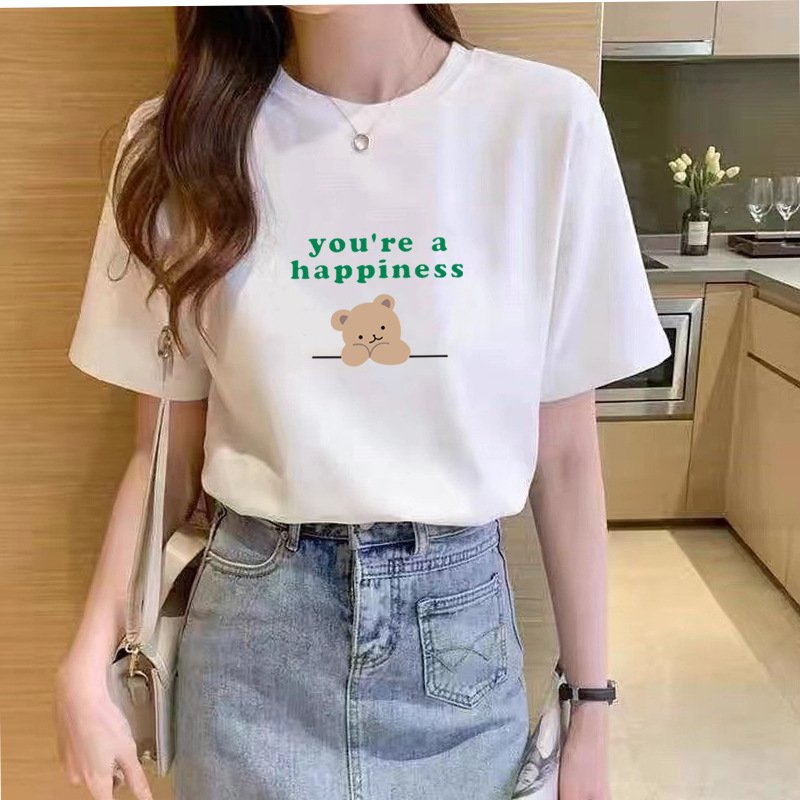 2024 Summer New Pure Cotton Loose Short Sleeve T-shirt Women's Korean-Style Women's round Neck Printed Bottoming Shirt Stall Wholesale