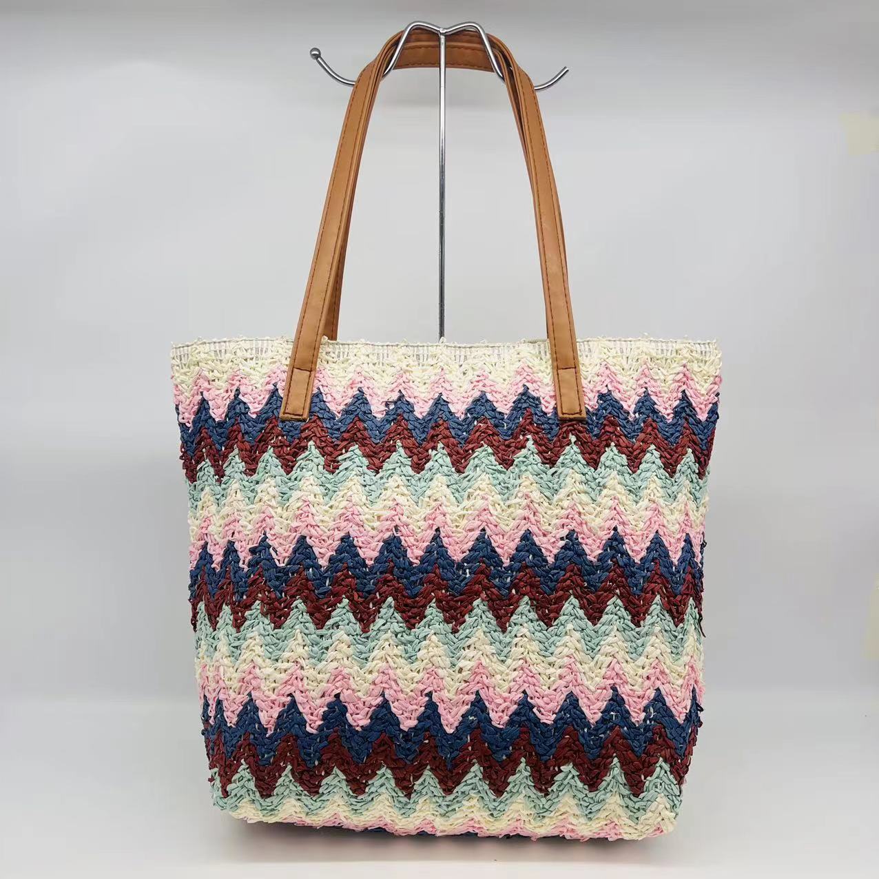 Cross-Border Hot New Fresh Simple Personalized Colorful Striped Woven Bag Beach Bag Shopping Bag Mummy Bag