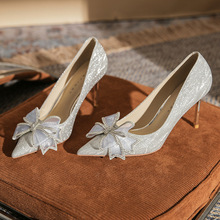 860-1 高跟鞋女2024年新款尖头新娘水晶婚鞋水钻蝴蝶结细跟伴娘鞋