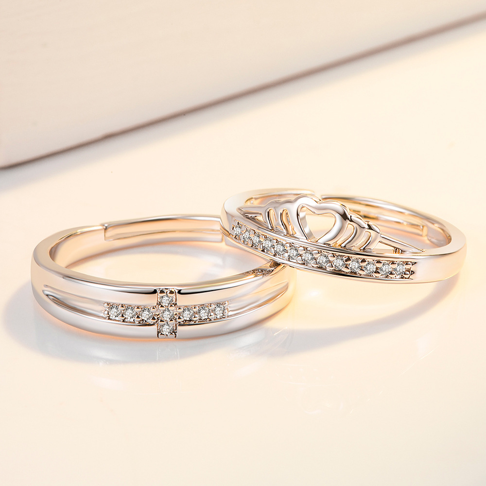 抖音快手跨境 皇冠爱心十字架镶钻男女款对戒 求婚镀白金情侣饰品