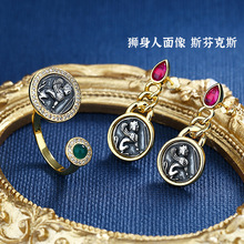 跨境热销精致纯银古希腊币首饰套装女耳钉戒指两件套狮身人面像币