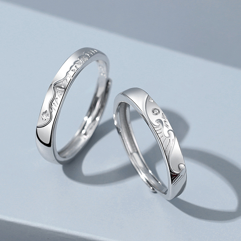 山盟海誓纯银情侣戒指一对男女信物学生刻字指环开口调节对戒礼物