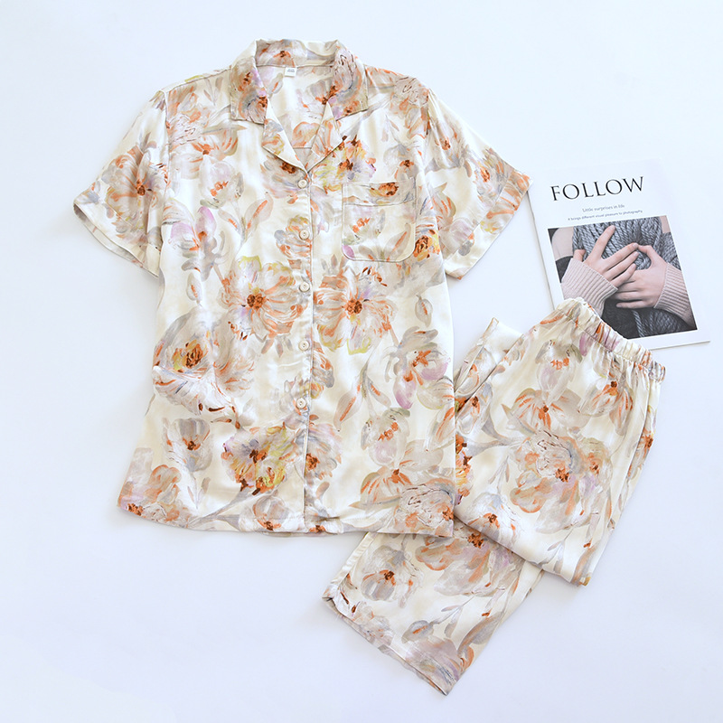 Spring and Summer New Satin Floral Printed Homewear Short-Sleeved Trousers Pajamas Suit Rayon Satin