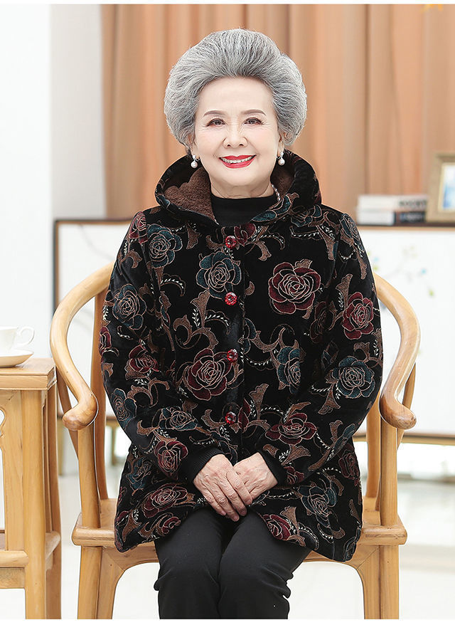 老年人冬装女中长款棉服60岁70奶奶装冬季棉衣老太太加厚连帽棉袄