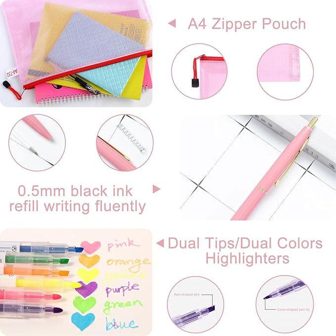 Cross-Border Direct Supply Office Stationery Combination Pink Stapler File Bag Fluorescent Pen Scissors Tape Holder Tape Measure Set