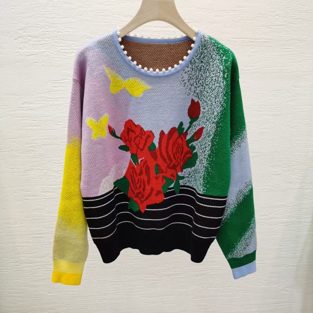 2021秋冬新款彩色拼色红色玫瑰花刺绣珍珠圆领针织衫长袖套头毛衣