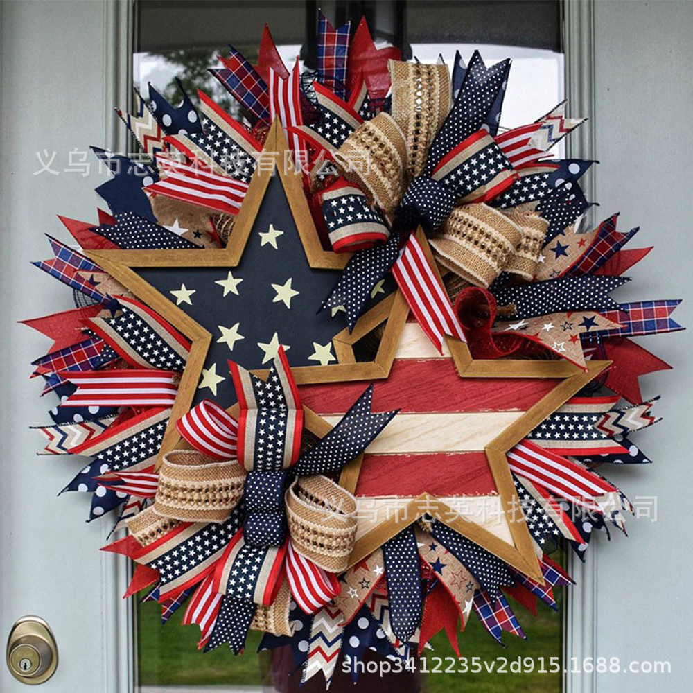 跨境热卖美国独立日国旗花环爱国装饰花圈节日前门墙壁家居挂饰