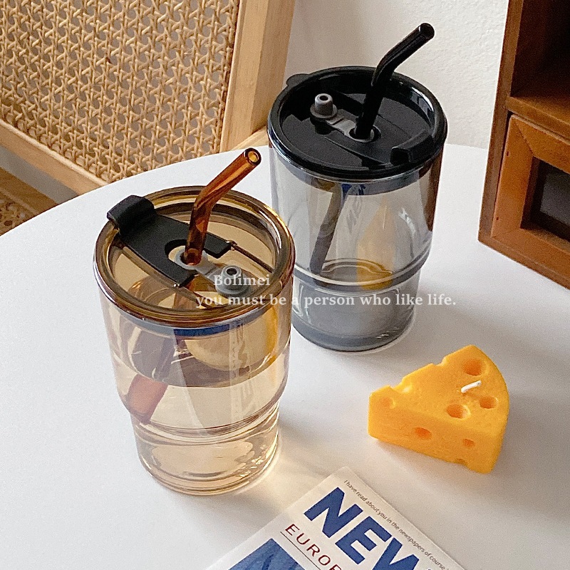 Glass Korean Ins Style Amber-Yellow Glass Cup with Straw Student with Cover Water Cup Large Capacity Glass Cup