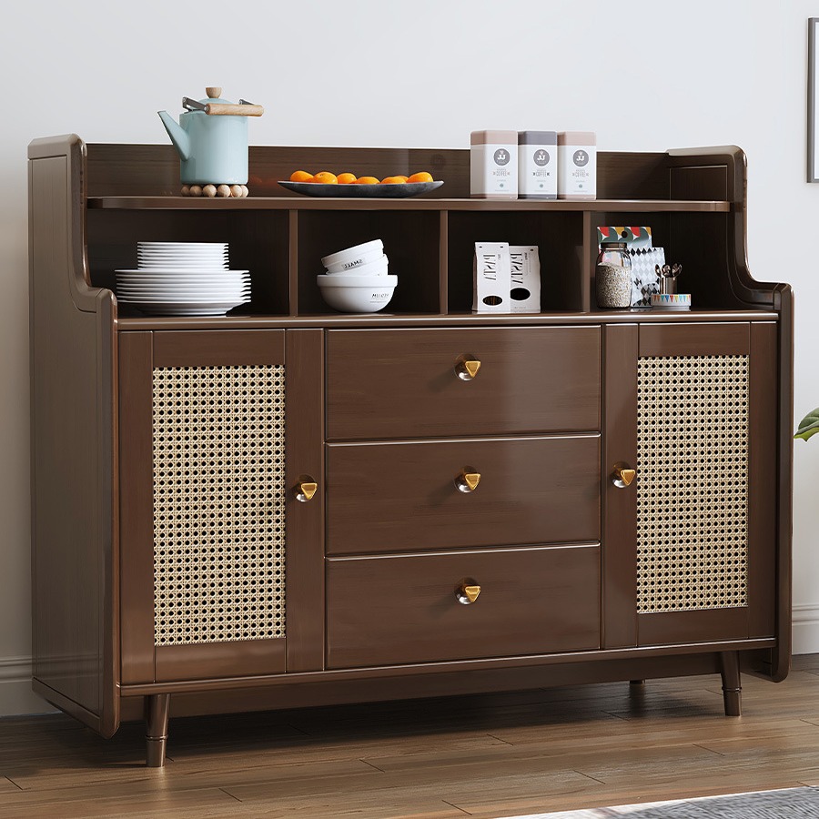 藤编餐边柜简约复古侘寂风厨房家用全实木收纳柜多功能茶水柜斗柜