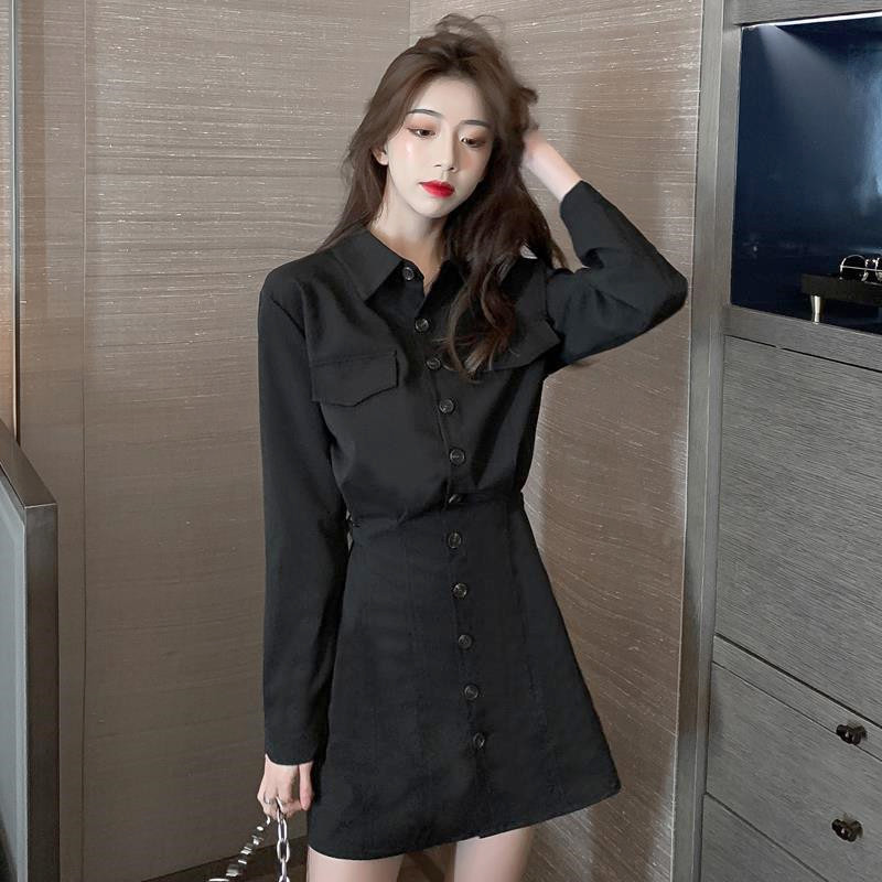 2021秋季新款长袖衬衫裙潮小个子法式设计感收腰气质黑色连衣裙女