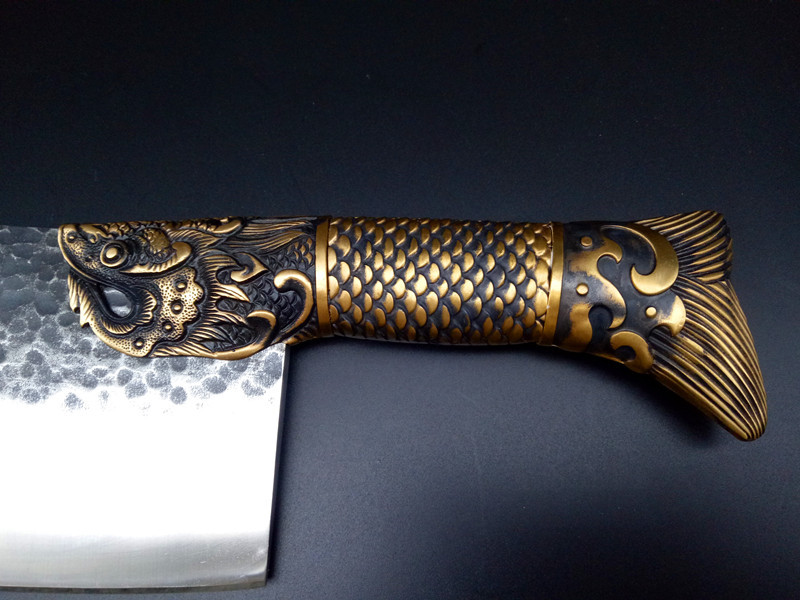 龙泉菜刀套装黄金余全铜手柄精品专业砍骨刀不锈钢斩切双用刀