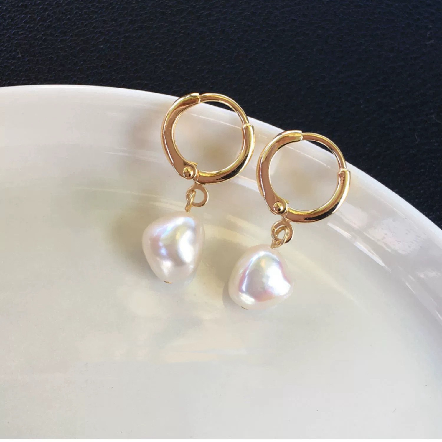 经典14k注金耳扣异形强光诸暨淡水珍珠耳环金属不规则巴洛克耳饰