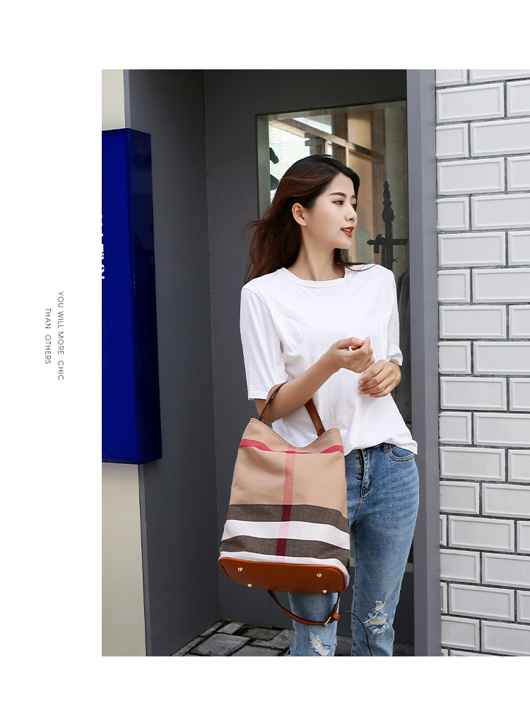 女包包来自星星的你同款水桶包帆布格子包手提单肩斜挎包一件代发