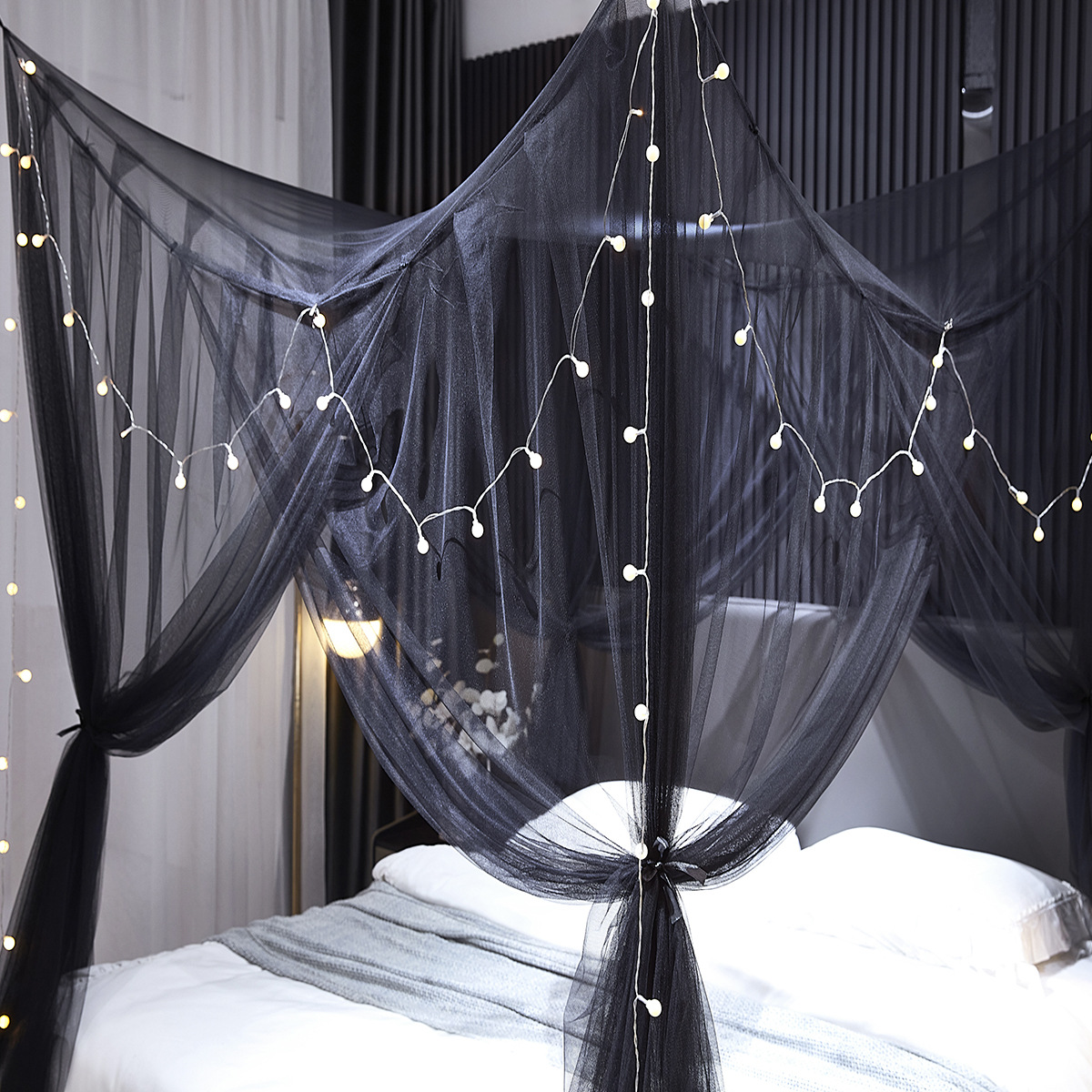 蚊帐2024新款系绳款四开门黑色老式方顶双人床1米5床1米8床2米床