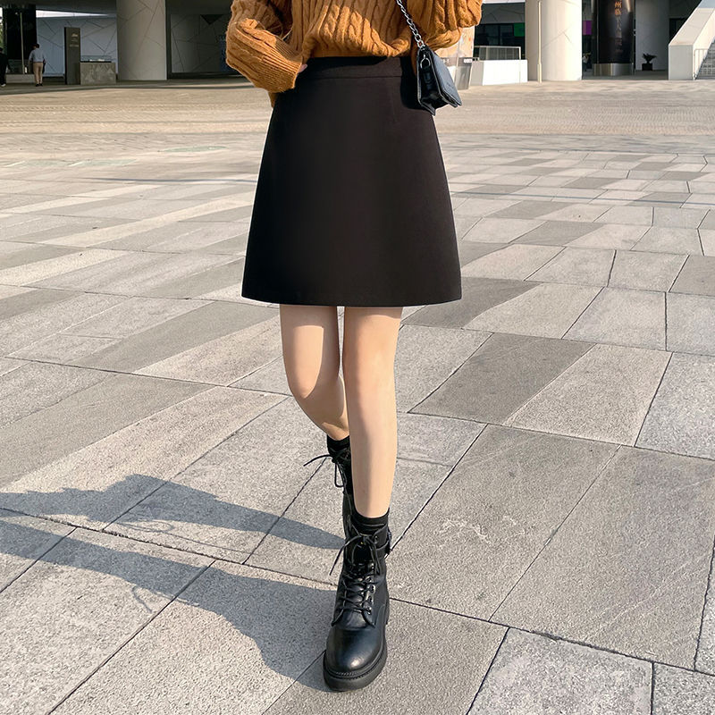 包邮黑色毛呢短裙半身裙秋冬高腰a字裙包臀裙显瘦裙子冬天穿的冬