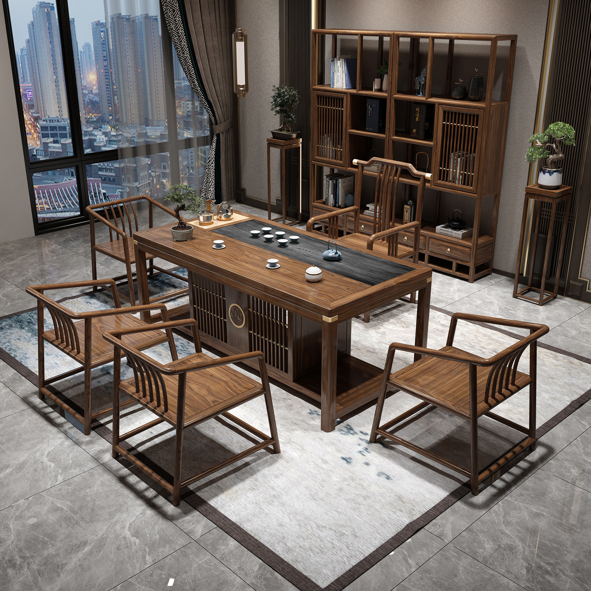 中式茶桌茶楼新中式茶桌椅组合家用泡茶台套装一体禅意差混同原木