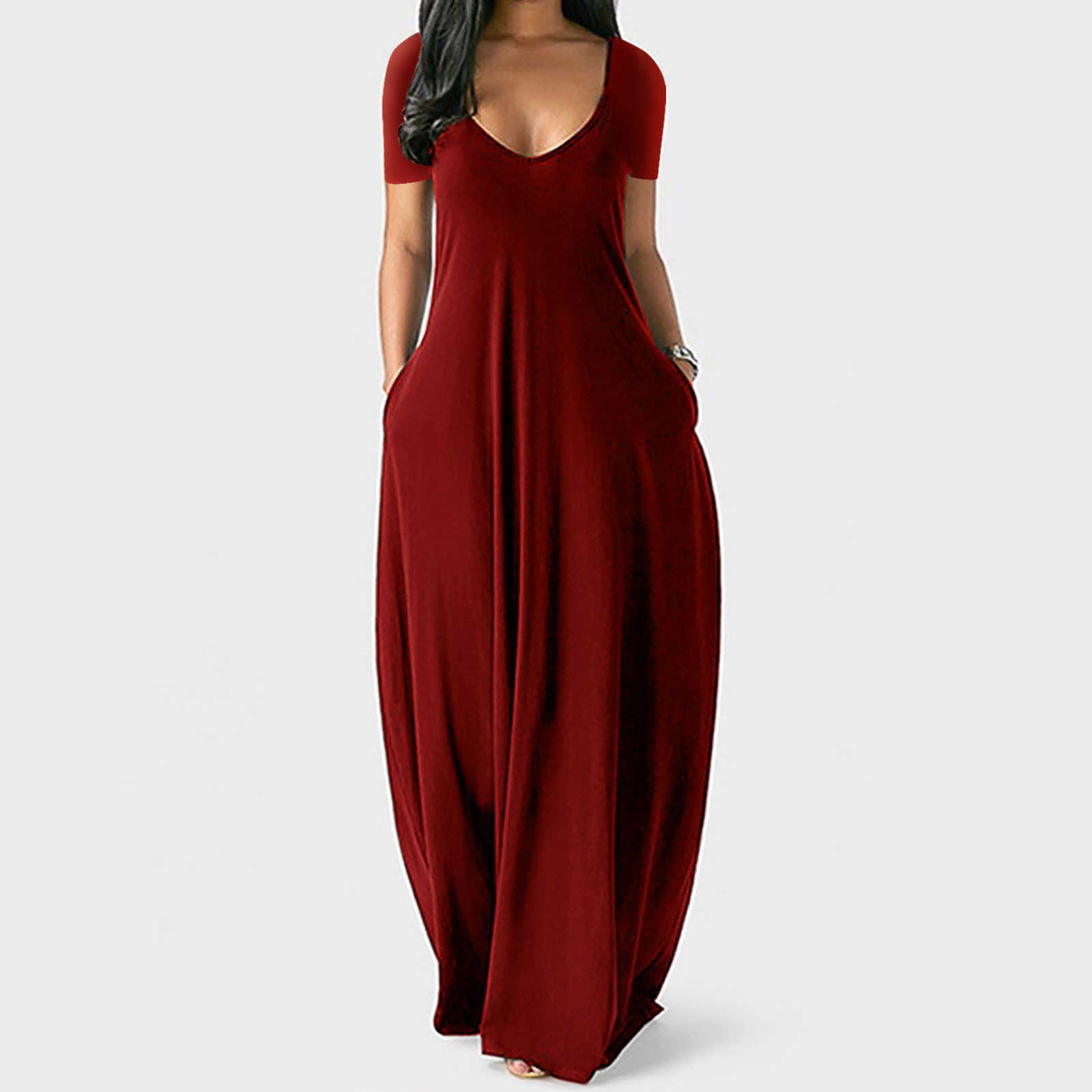 2023 European American Summer New Amazon Hot Sale plus Size Women's Solid Color Sexy Deep V Short Sleeve Maxi Dress with Pockets