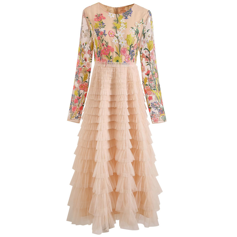 重工刺绣花长袖层叠荷叶边拼接礼服连衣裙 欧美秋冬女装新款2023