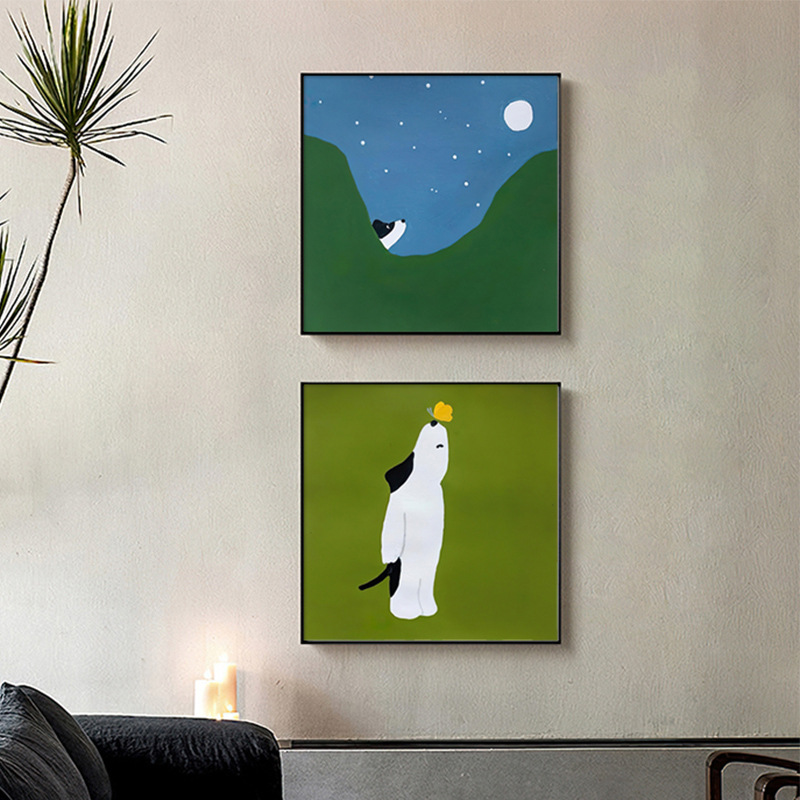 可爱狗狗艺术海报装饰画北欧ins正方形卡通动物壁画卧室床头挂画
