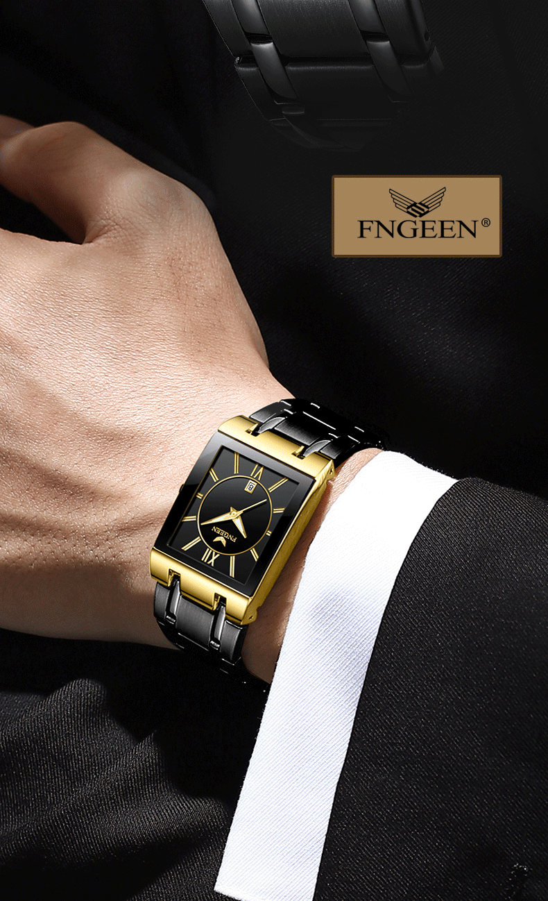 fngeen芬尊商务男表 防水日历男士方形手表精钢网带石英外贸手表