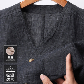 100%亚麻男式开衫背心v领纯色夏季薄款无袖马甲中国风坎肩上衣