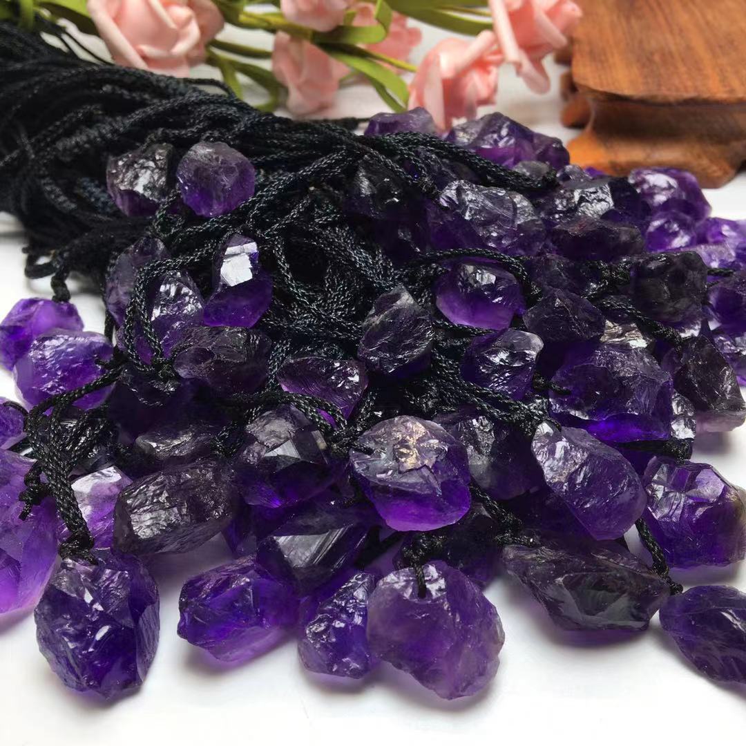 水晶原石吊坠天然水晶石原石牙随形不规则紫水晶花深色紫水晶项链