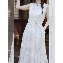 新中式轻国风白色雪纺印花连衣裙女高级感超好看收腰气质长裙夏季