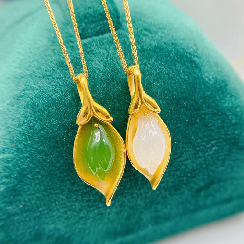 金镶玉吊坠女999足金和田玉金挂坠24k玉兰花黄金项链坠子送妈妈