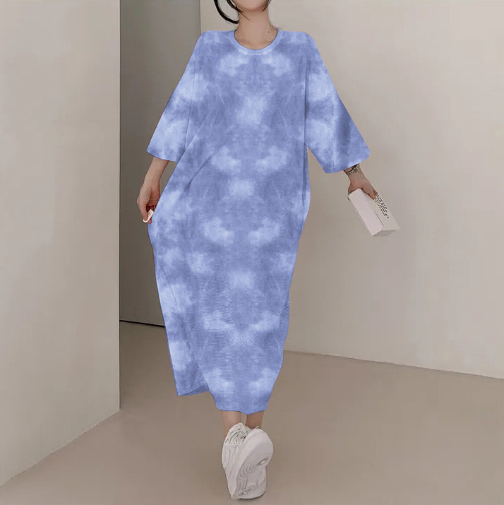 clothing口袋设计感宽松印花中长款 t恤裙韩版蓝色短袖连衣裙女20