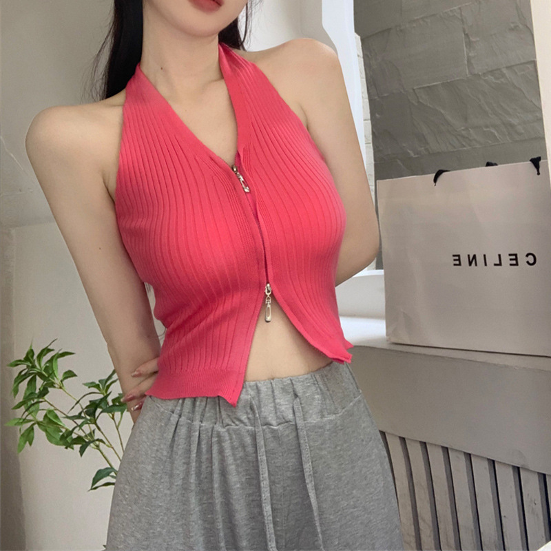 玫红色拉链v领挂脖针织吊带背心女夏季外穿纯欲辣妹性感抹胸上衣