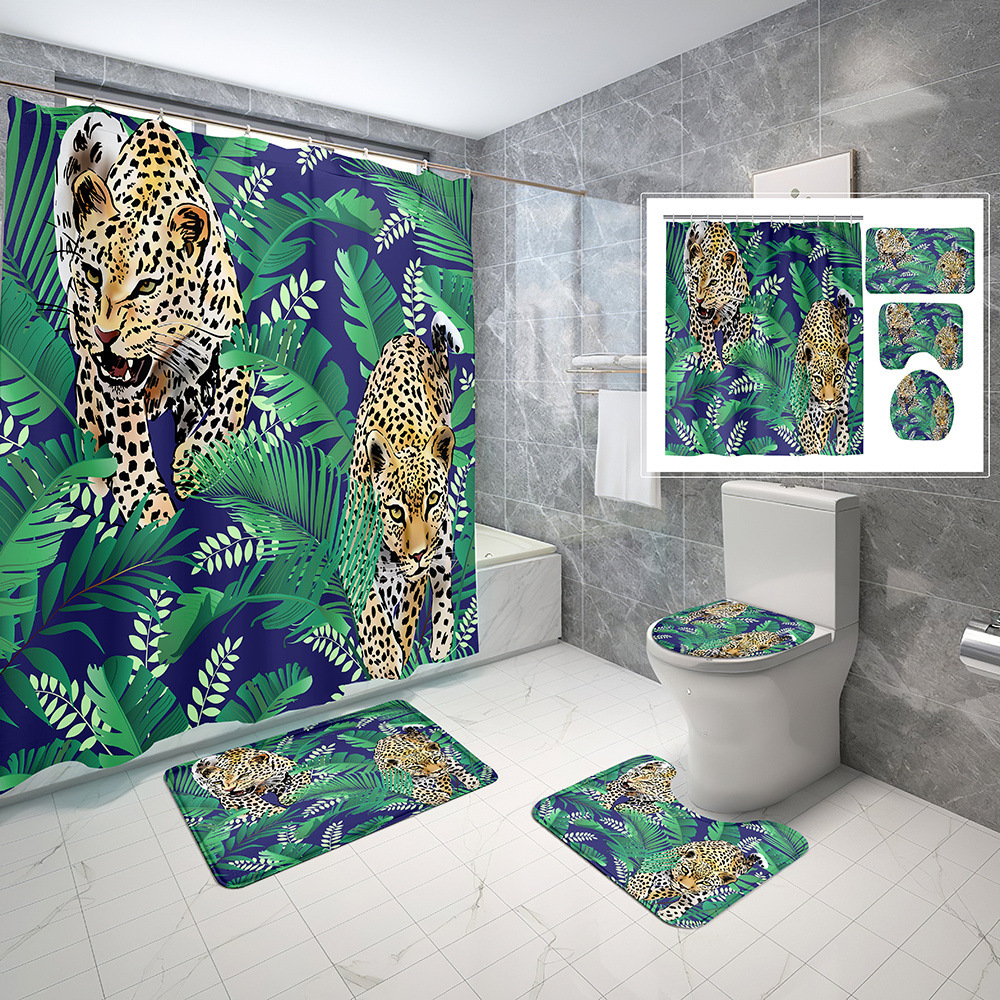 Amazon Animal Shower Curtain Waterproof Digital Printing Plant Tiger Toilet Three-Piece Bathroom Non-Slip Mat Set