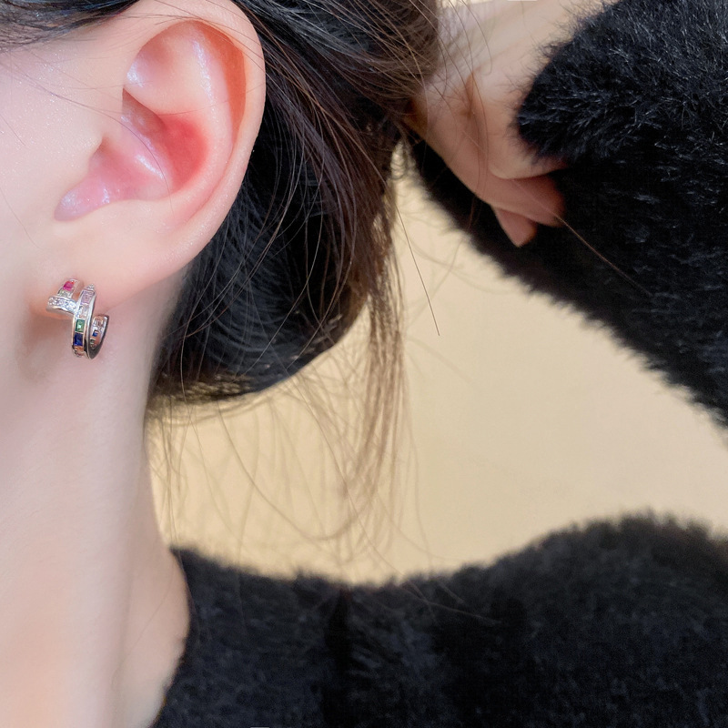 艺选 韩国精致小香风女不掉色个性拼色耳环螺旋彩钻锆石钉子耳钉