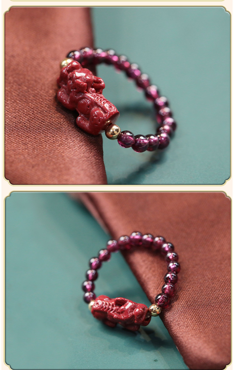 新款朱砂貔貅戒指天然紫牙乌石榴石串珠本命年转运弹力戒指指环