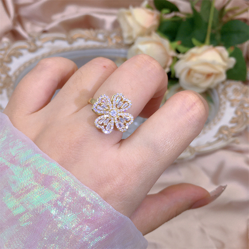 Rotating Moving Ring Flower Zircon Super Flash Ring Opening Color Retention Niche Design Fashion Hand Accessories Female Fashion