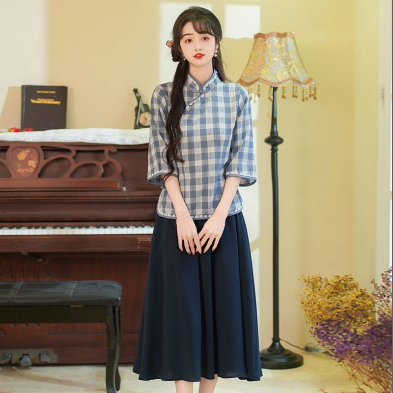 2024夏新款民国风女装中式复古立领改良唐装少女旗袍上衣茶服套装