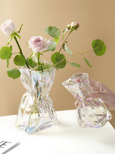 创意福袋玻璃花瓶小口插干花瓶褶皱炫彩束腰桌面摆件优惠批发