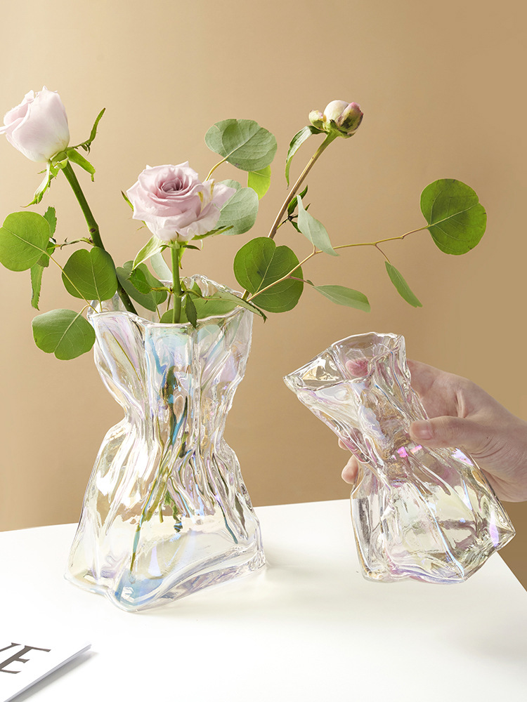 Creative Lucky Bag Glass Vase Small Mouth Plug Dried Flower Vase Pleated Colorful Waist Desktop Decoration Discount Wholesale