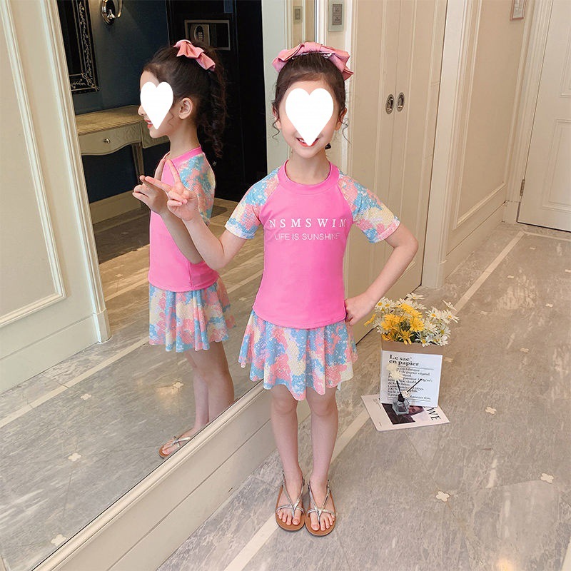 韩版运动款儿童泳衣女孩分体中大童学生公主裙式两件套女童游泳装