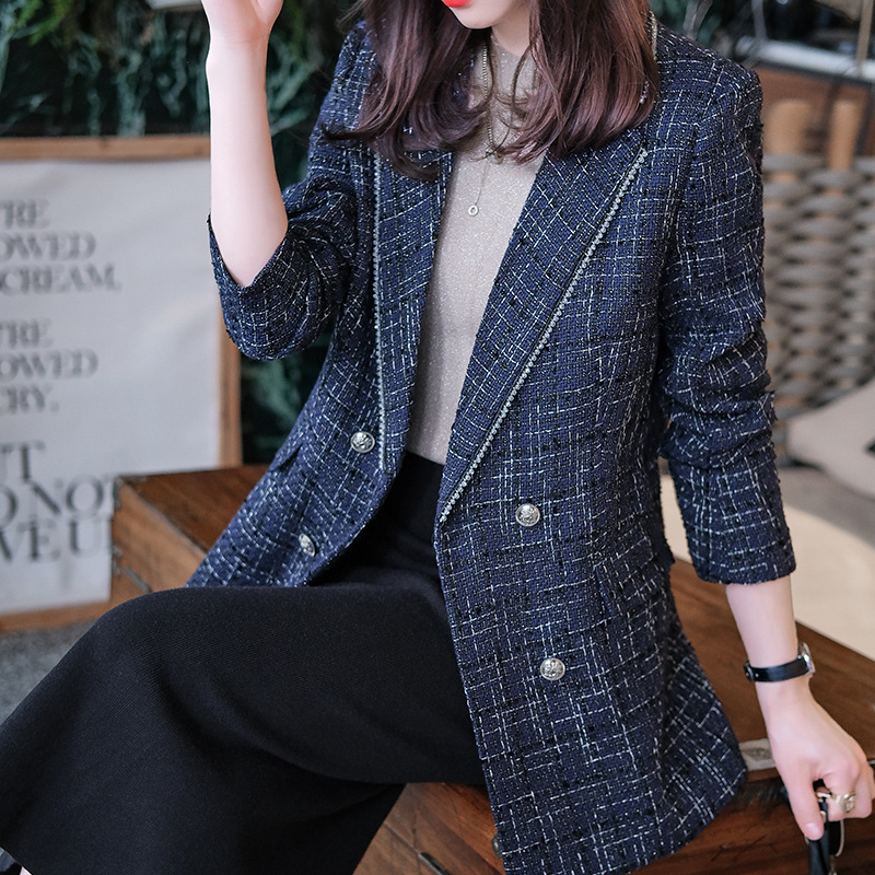 黑色格子西装外套女春秋2021年新款休闲垂感格纹感炸街小西服