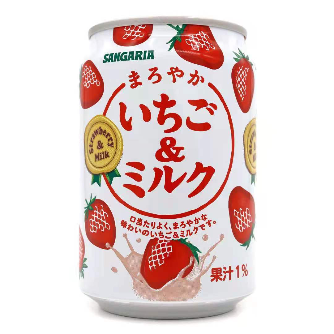 日本进口零 食三佳利草莓牛奶果味果汁牛奶网红饮料易拉罐装275g