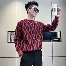 2024精神小伙毛衣男修身型加厚套头格子圆领个性图案提花撞色毛衣