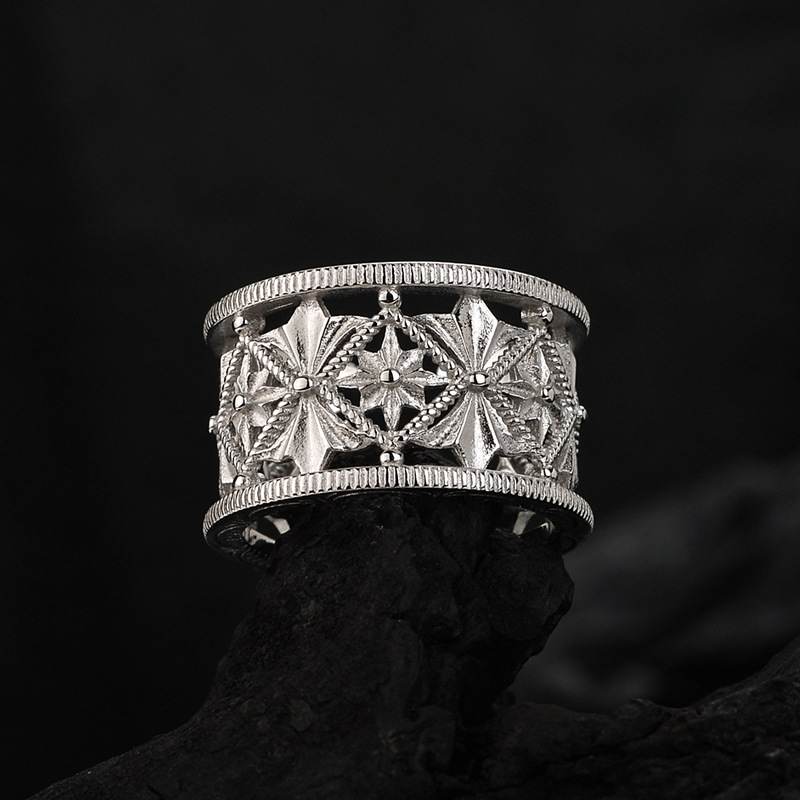 j1377 轻奢中国民族风s925纯银镂空八芒星戒指女开口宽版食指戒