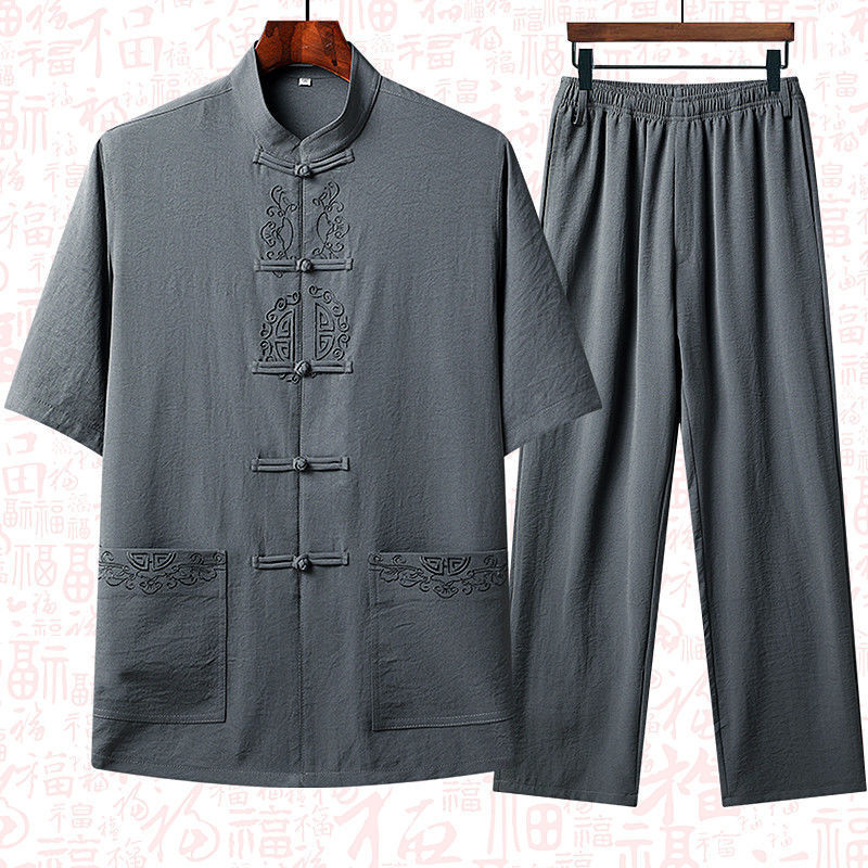 唐装男棉麻短袖套装中老年人汉服爸爸夏装中国风男装薄款爷爷衣服
