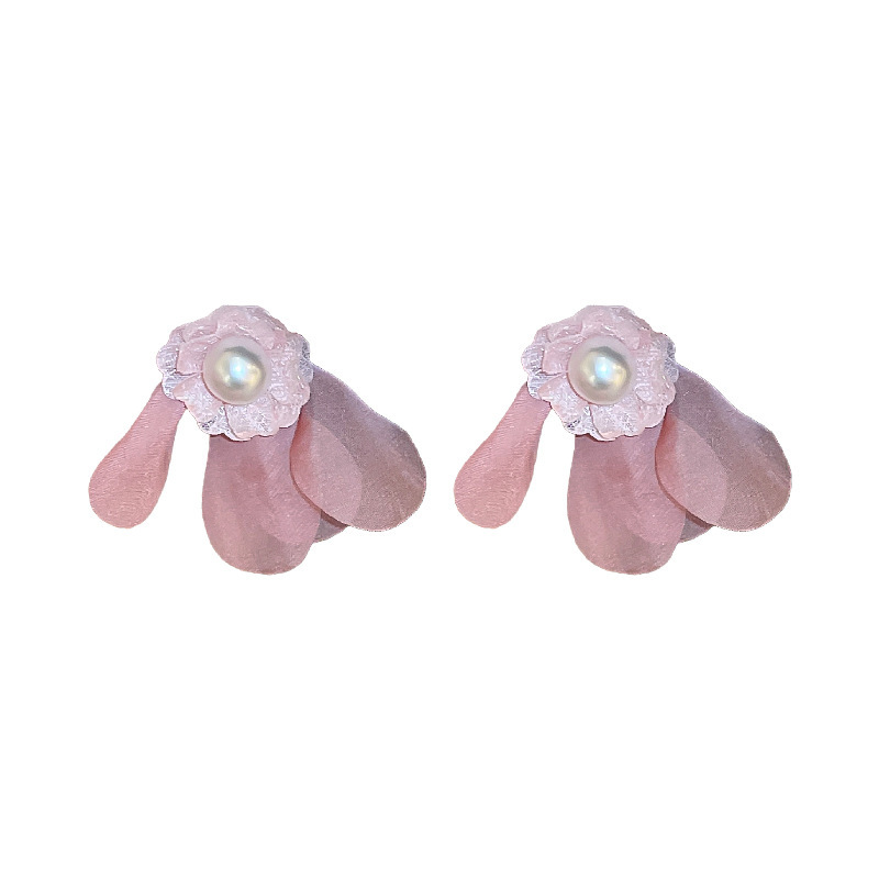 Silver Needle Girl Heart Pink Flower Pearl Tassel Earrings Sweet Beautiful Stud Earrings Online Influencer Fashion High-Grade Earrings