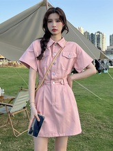 网红港风裙子夏季新款高级感短裙小众设计气质收腰粉色连衣裙女