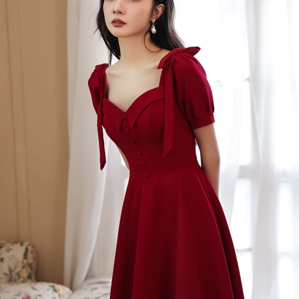 敬酒服新娘夏季平时可穿小个子订婚连衣裙红色礼服裙女夏显瘦回门